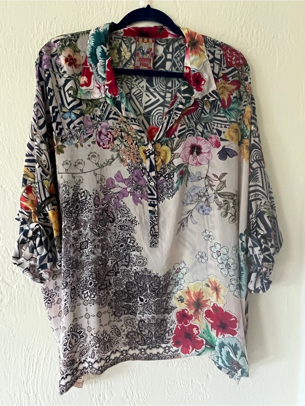 Johnny Was Floral Patchwork Tunic in Cream, Red, Yellow, Green, Purple